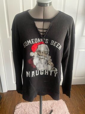 Rock & Republic Black Crewneck Holiday Sweater with Red Santa Hat Graphic